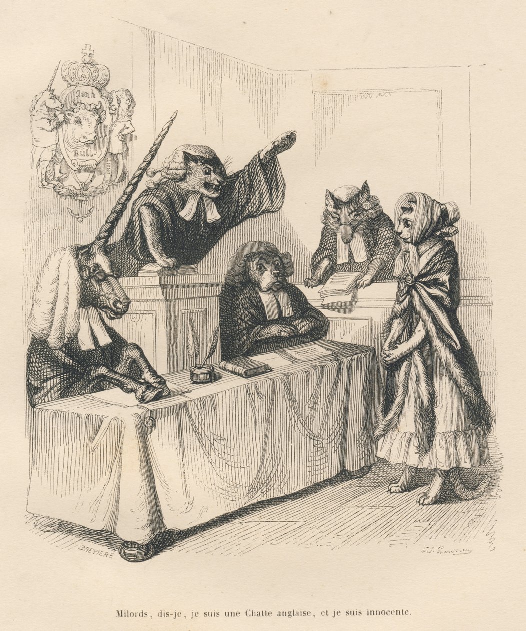 Rata defendendo-se a um tribunal composto por um unicórnio, um gato, um cão e um lobo. Vinhetas ilustradas por JJ Granville. Gravura assinada por Breviere na parte intitulada "Peines de cour d