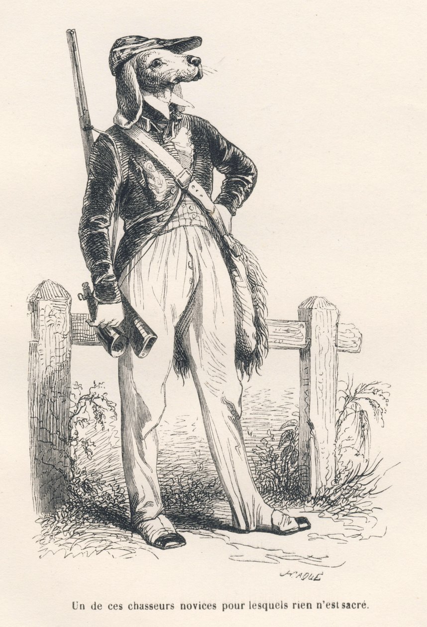 Cão com roupas de caça. Vinhetas ilustradas por JJ Granville. Gravura assinada Caque na parte intitulada "Souvenirs d