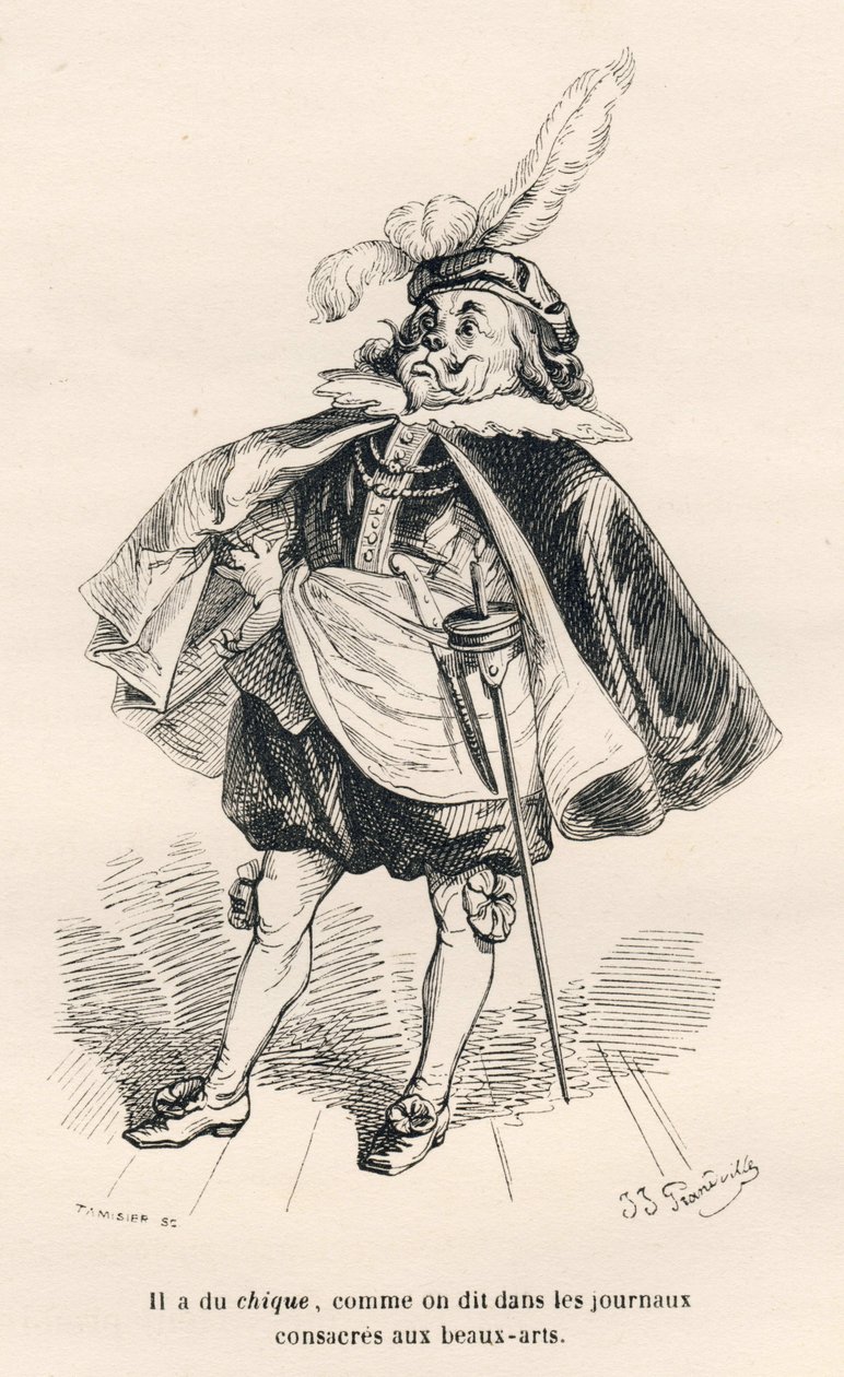 Cão com estilo. Vinhetas ilustradas por JJ Granville. Gravura assinada por Tamisier na parte intitulada "Le premier feuilleton de Pistolet" escrita por Jules Janin em "Scenes de la vie privee et publique des animaux". Paris, J. Hetzel e Paulin de Grandville