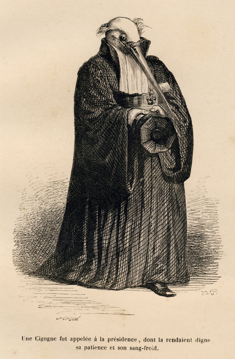 Stork em juiz. Vinhetas ilustradas por JJ Granville. Gravura assinada Caque na parte intitulada "Cour criminelle de justice animale" escrita por Emile de La Bedolliere em "Scenes de la vie privee et publique des animaux". Paris, J. Hetzel e Paulin de Grandville