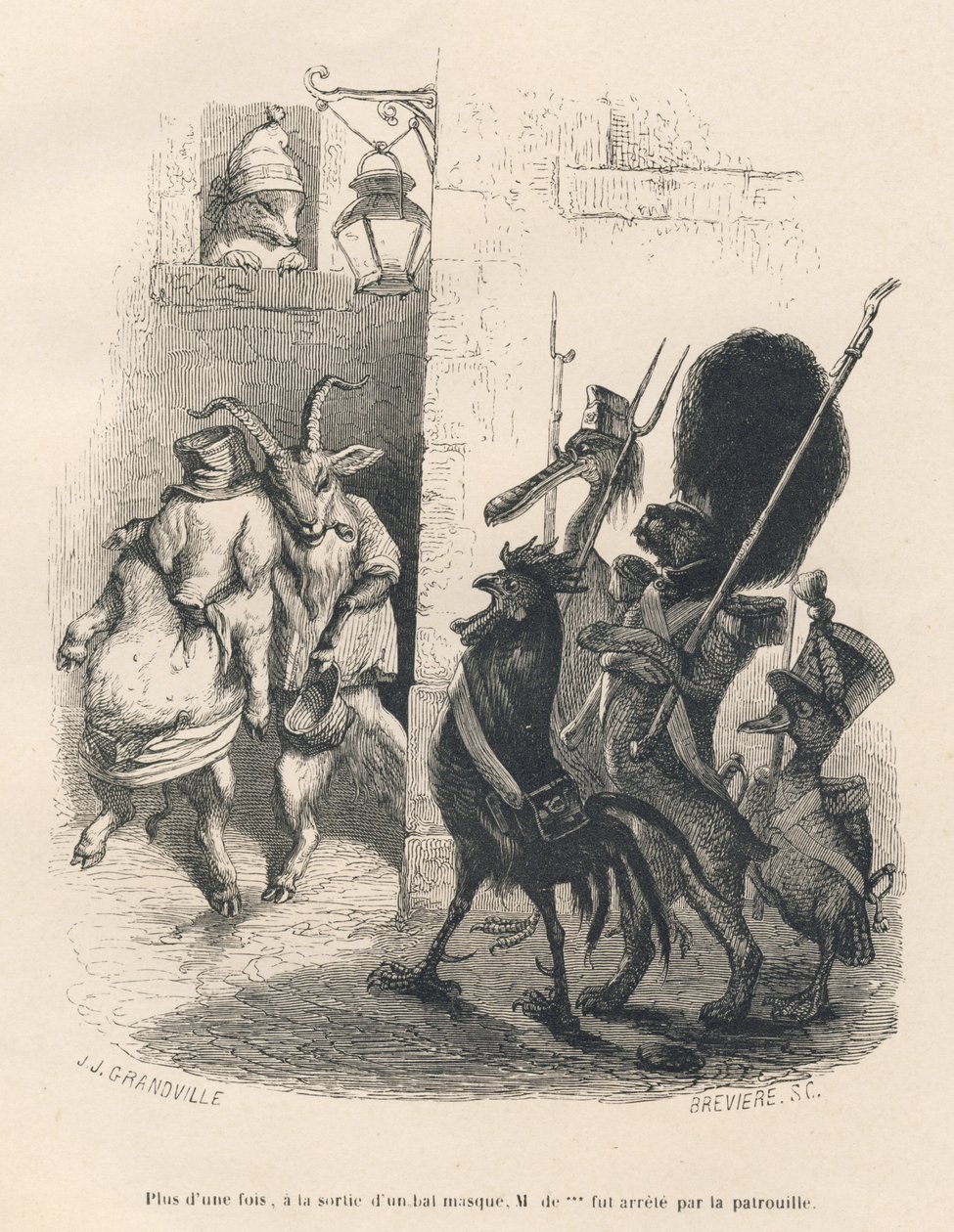 Porco e cabra bêbados atravessando uma patrulha composta por um cão, um galo, um pato e um pelicano. Vinhetas ilustradas por JJ Granville. Gravura assinada Breviere na parte intitulada "Memoires d