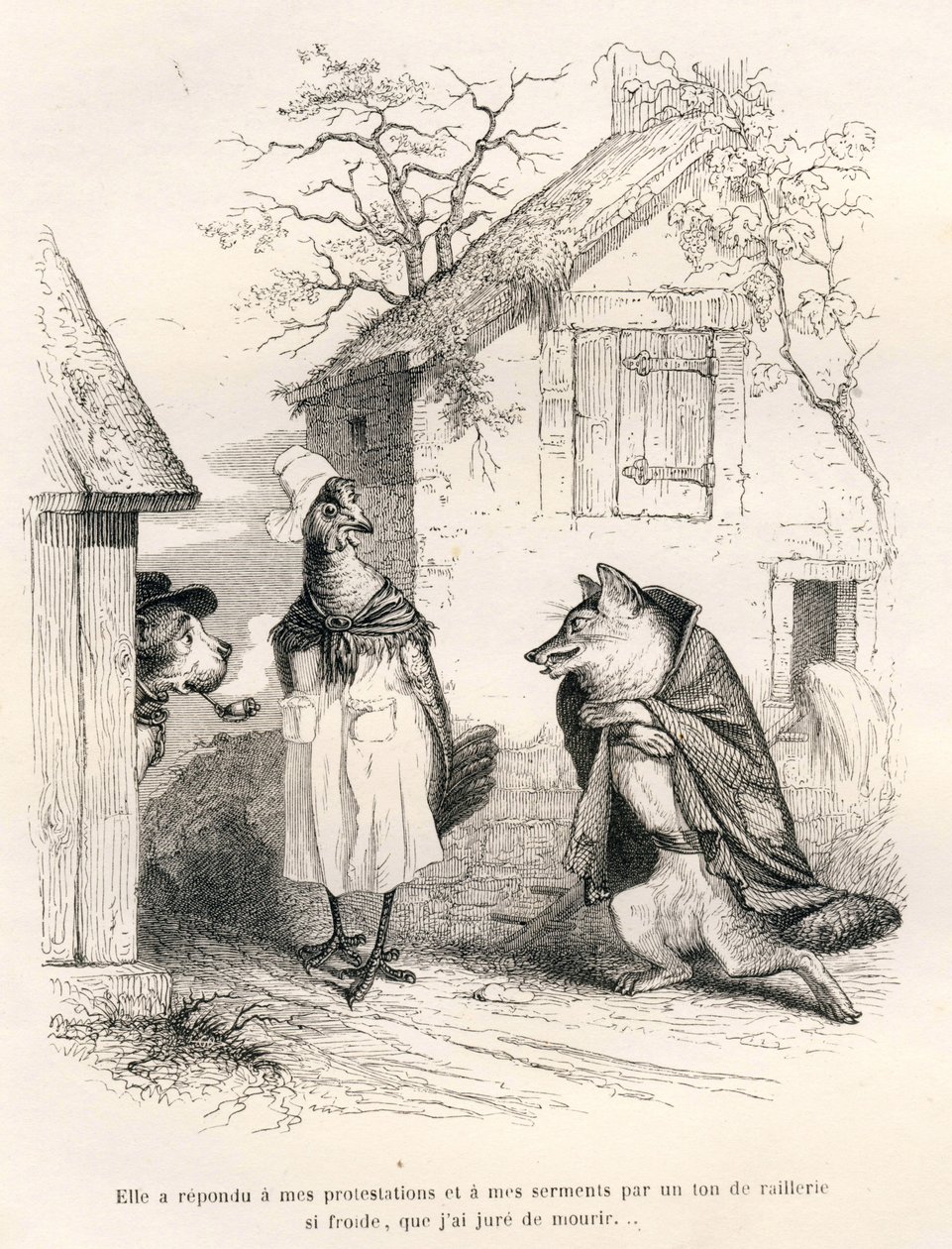 Conversa entre um cão, uma galinha e uma raposa. Vinhetas ilustradas por JJ Granville. Gravura assinada Godard na parte intitulada "Un renard pris au piege", escrita por Charles Nodier em "Scenes de la vie privee et publique des animaux". Paris, J. H. de Grandville