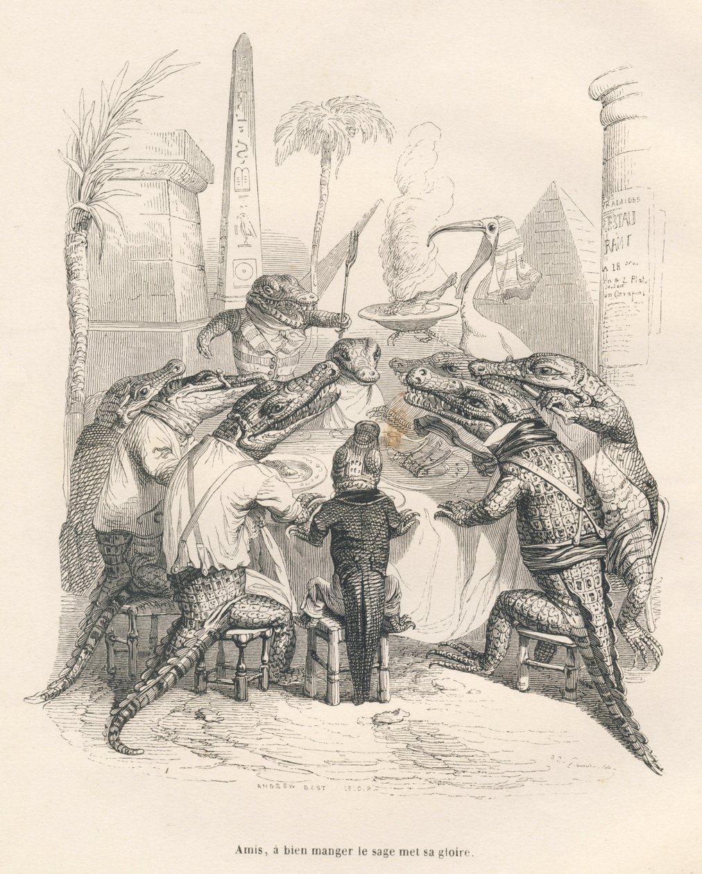 Crocodilos à volta de uma mesa no Egipto. Vinhetas ilustradas por JJ Granville. Gravura assinada por Andrew, Best e Leloir na parte intitulada "Memoires d