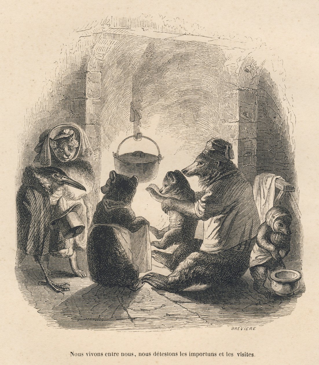 Dois visitantes vêm incomodar a família urso sentado em frente à lareira dentro da qual um pote é pendurado por uma prateleira. Vinhetas ilustradas por JJ Granville. Gravura assinada Breviere na parte intitulada "L