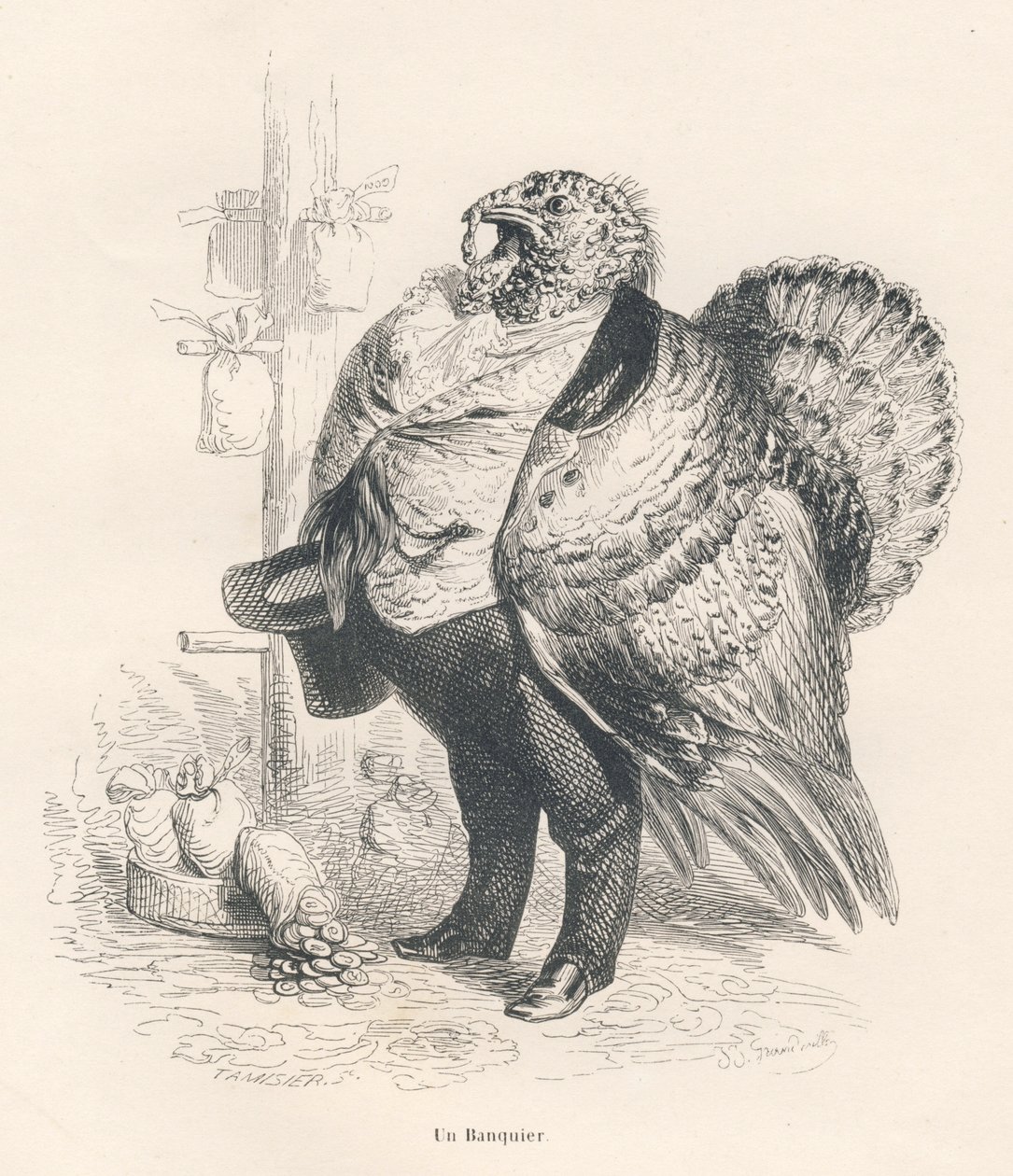 A Turquia como banqueiro. Vinhetas ilustradas por JJ Granville. Gravura assinada por Tamisier na parte intitulada "Souvenirs d