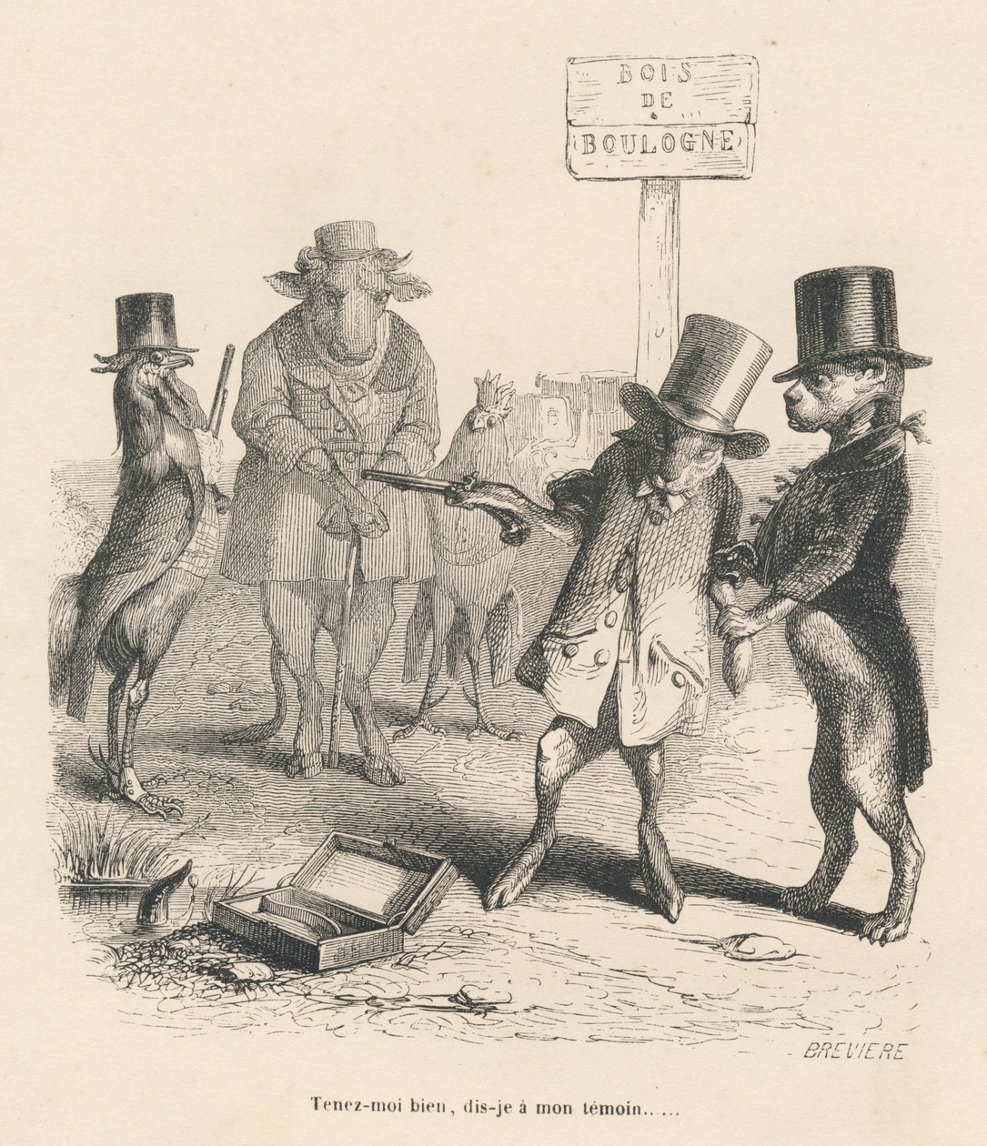 Duelo no Bois de Boulogne. Vinhetas ilustradas por JJ Granville. Gravura assinada Breviere na parte "Histoire d