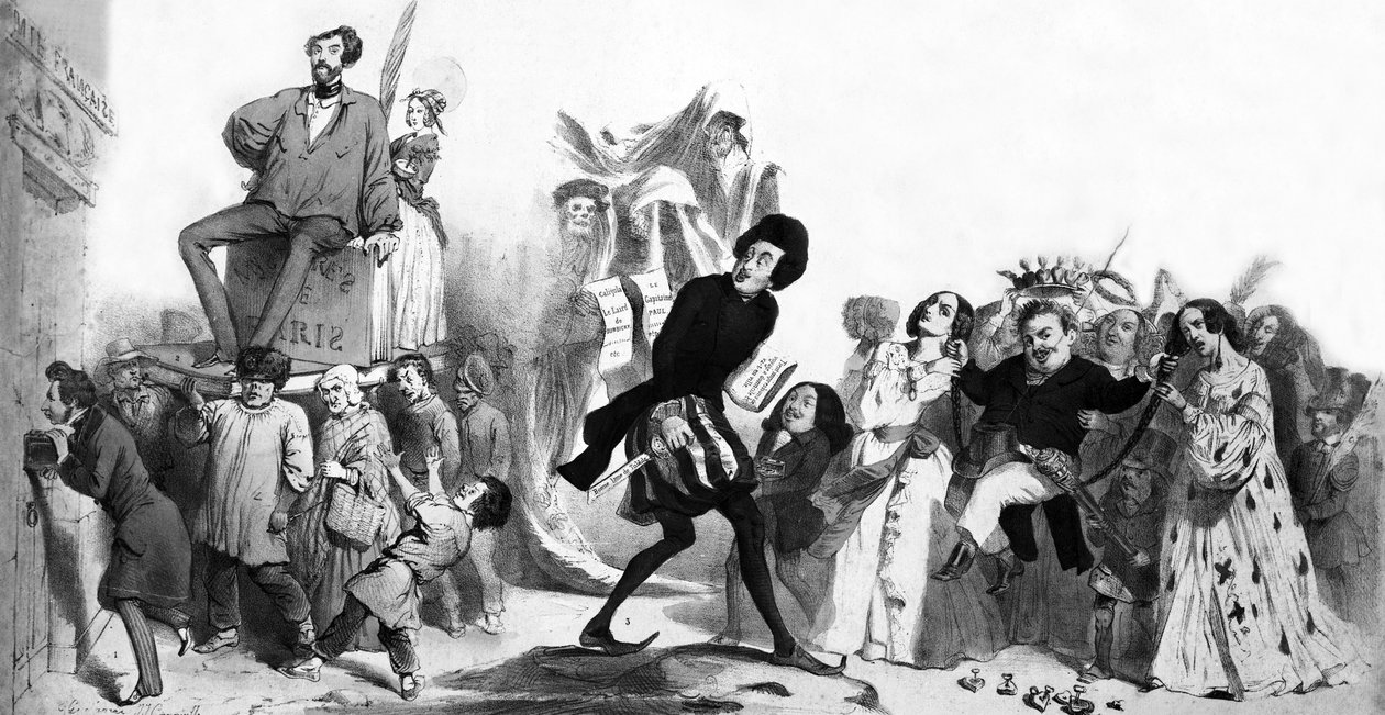 Escritores românticos franceses (Alfred de Vigny, Victor Hugo, Alexandre Dumas, o Pai, Honore de Balzac) que querem entrar na Academia Francesa mas as portas estão fechadas, gravura de Grandville (1803 47)