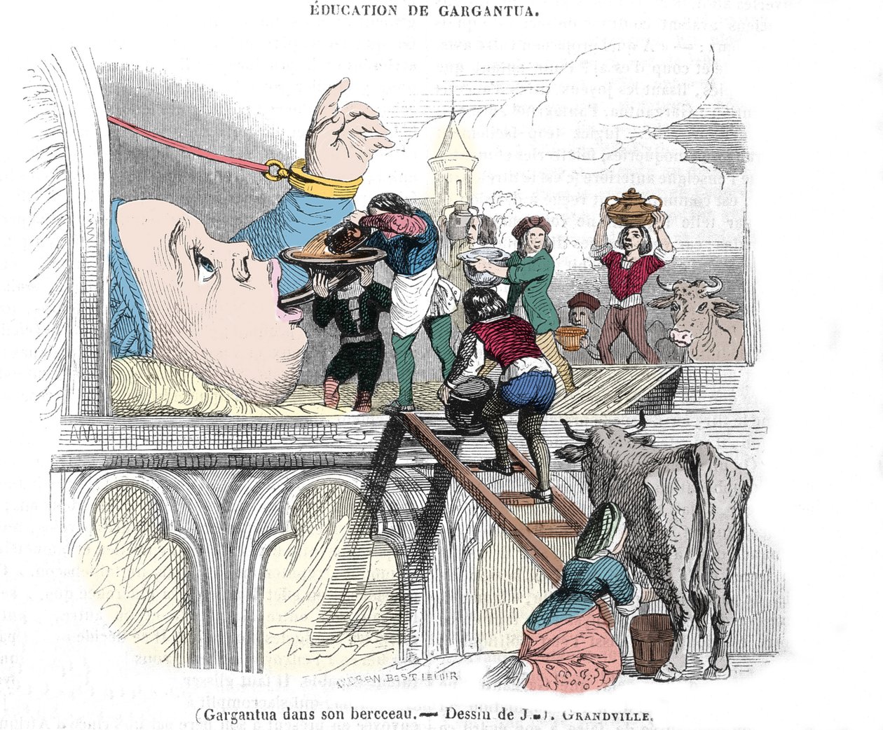 Gargântua personagem dos romances de François Rabelais (1483-1553), escritor francês: "A educação de Gargântua" Gargântua no seu berço. Ilustração de Gerard Grandville (1803-1847), século XIX de Grandville