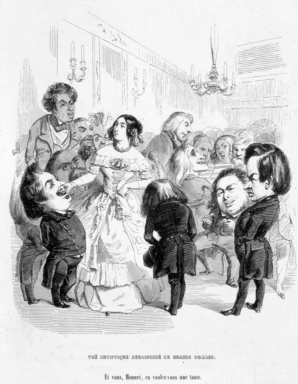 George Sand (Aurore Dupin, Baronne Dudevant) (1804-1876) cercado por 4 escritores: Eugene Sue, Honore de Balzac, Franz Litz e Victor Hugo - em "Em busca de uma posição social", de Jerome Paturot de Grandville