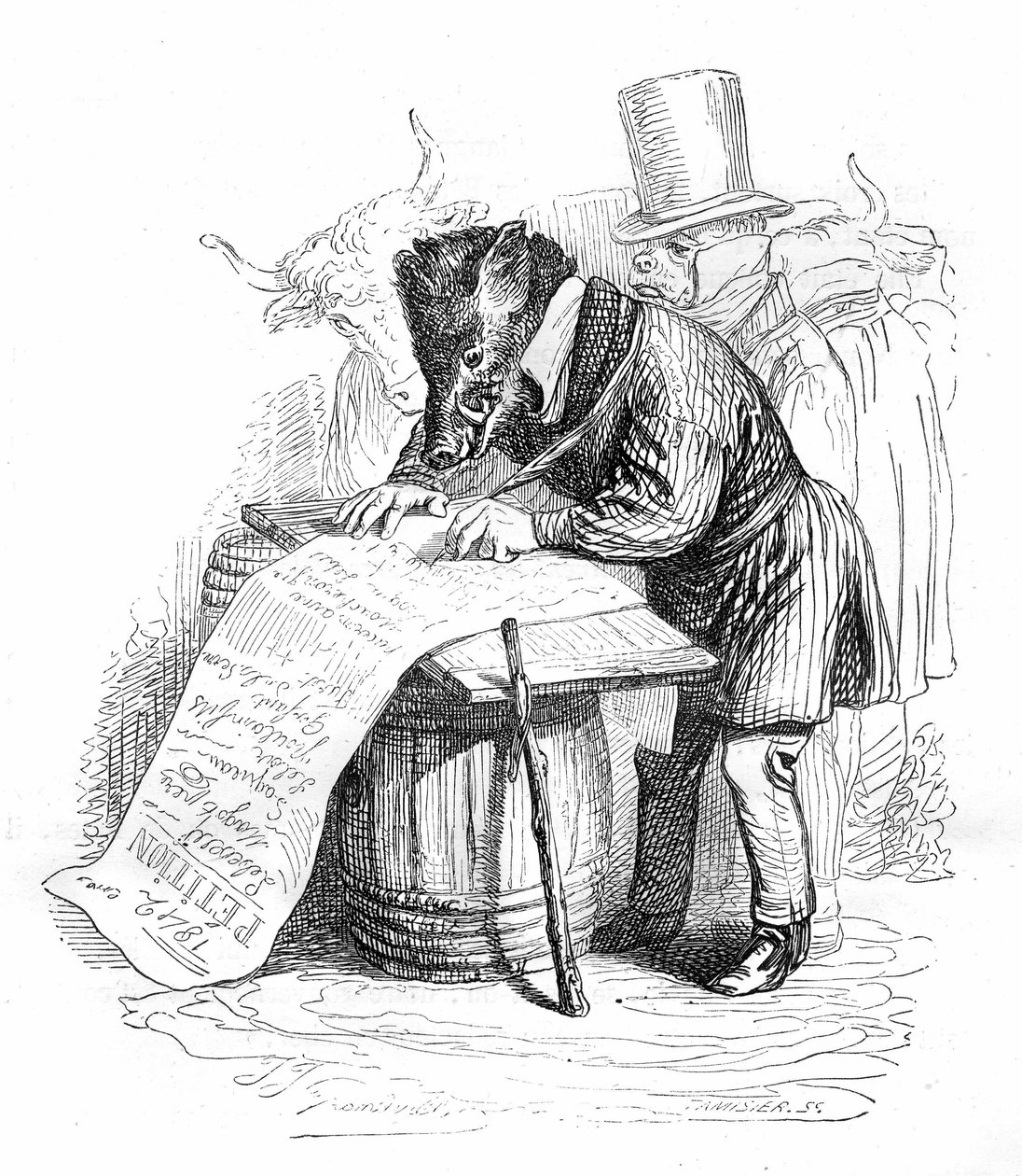 Gravura de Grandville do livro "Vida privada e pública dos animais (Les animaux pintés par eux memes)", edição Hetzel 1867 - Caricatura: javali a escrever uma petição. de Grandville (1803 47)
