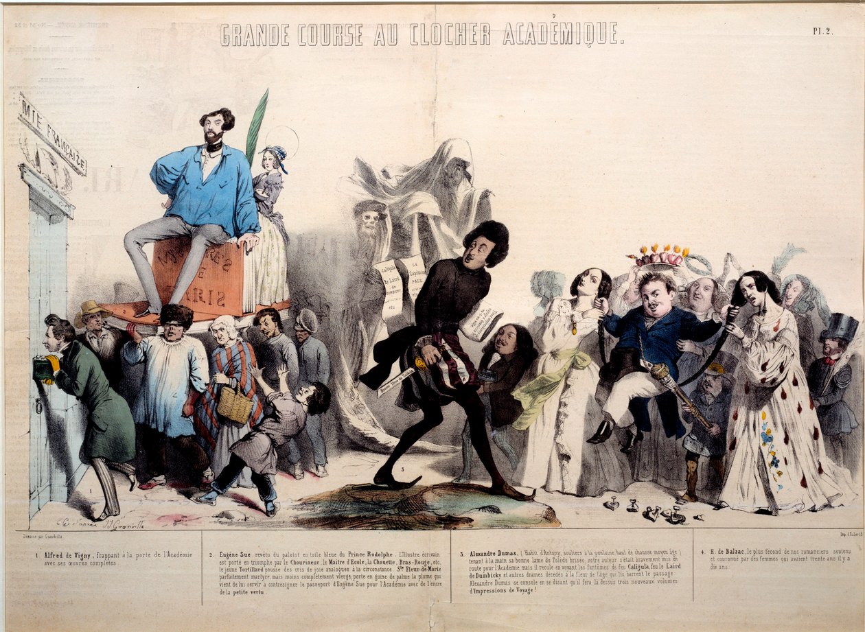 Grande corrida até à torre do sino académico. Os escritores Alfred de Vigny (1797-1863), Eugene Sue (1804-1857) Alexandre Dumas (1802-1870) e Honore de Balzac (1799-1850) são reconhecidos. Gravura de Gerard Grandville (1803-1847) de Grandville