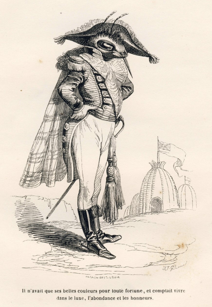 Ele tinha apenas suas belas cores para qualquer fortuna e pretendia viver em luxo, abundância e honras. Vinhetas ilustradas por JJ Granville. Gravura assinada por Andrew, Best e Leloir na parte intitulada "Voyage d