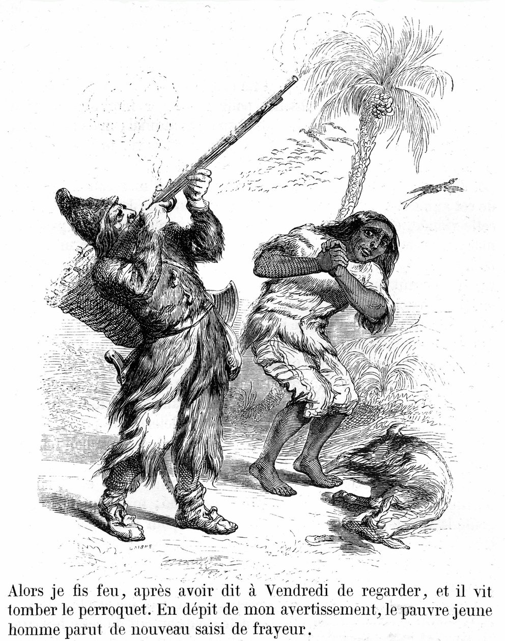 Ilustração do romance Robinson Crusoé de Daniel de Foe (DeFoe) por Grandville - edição Garnier 1869 p193. Robinson dispara com uma espingarda em frente ao frígido Sexta-feira. de Grandville (1803 47)