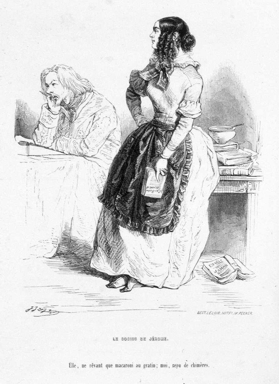 Jérôme Paturot preocupado, renuncia aos seus sonhos. Desenho animado Em "Jérôme Paturot em busca de uma posição social" de Louis Reybaud de Grandville