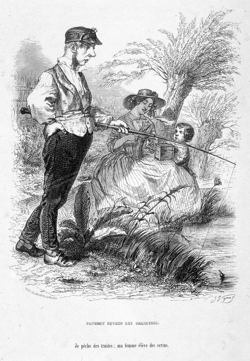 Jérôme Paturot desiste de suas idéias de grandeza, pescando enquanto sua esposa cuida de seu filho. Desenho animado Em "Jérôme Paturot em busca de uma posição social" de Louis Reybaud de Grandville