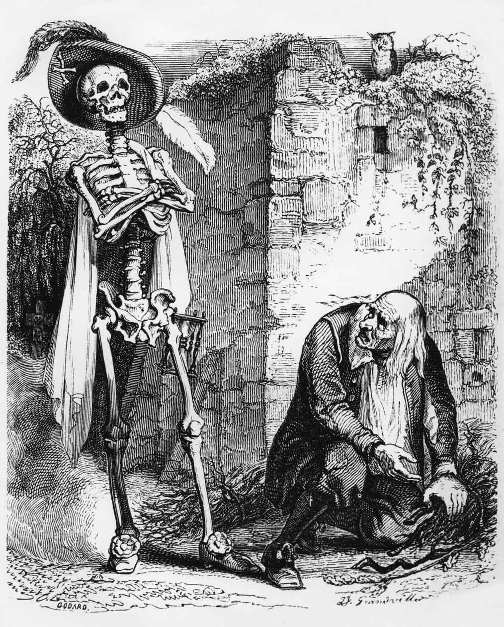 Fábula de La Fontaine (de Jean de La Fontaine) : A morte e o lenhador, gravura de J.J. Grandville, c. 1838-40 de Grandville (1803 47)