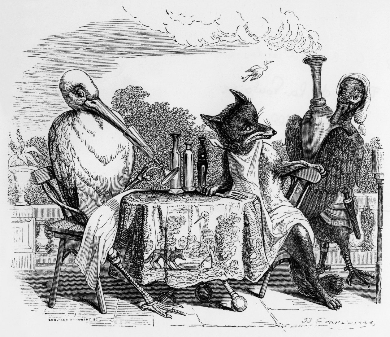 Fábula de La Fontaine (de Jean de La Fontaine): a Raposa e a Cegonha, gravura de J.J. Grandville, c. 1838-40 de Grandville (1803 47)