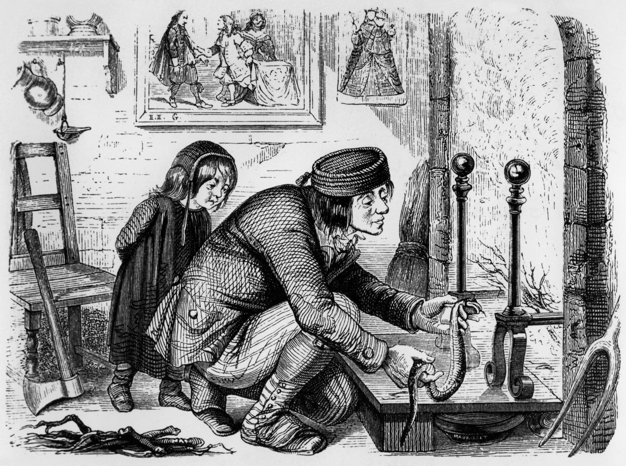 Fábula de La Fontaine (de Jean de La Fontaine): o agricultor e a víbora, gravura de J.J. Grandville, c. 1838-40 de Grandville (1803 47)