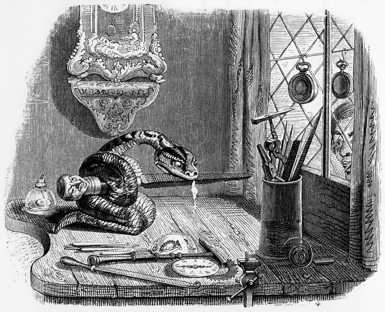 Fábula de La Fontaine (de Jean de La Fontaine): a serpente e a lima, gravura de J.J. Grandville, c. 1838-40 de Grandville (1803-47)