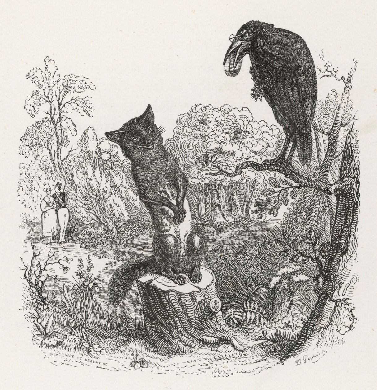 Fábula de La Fontaine: O Corvo e a Raposa, c.1860 (gravura) de Grandville (1803 47)