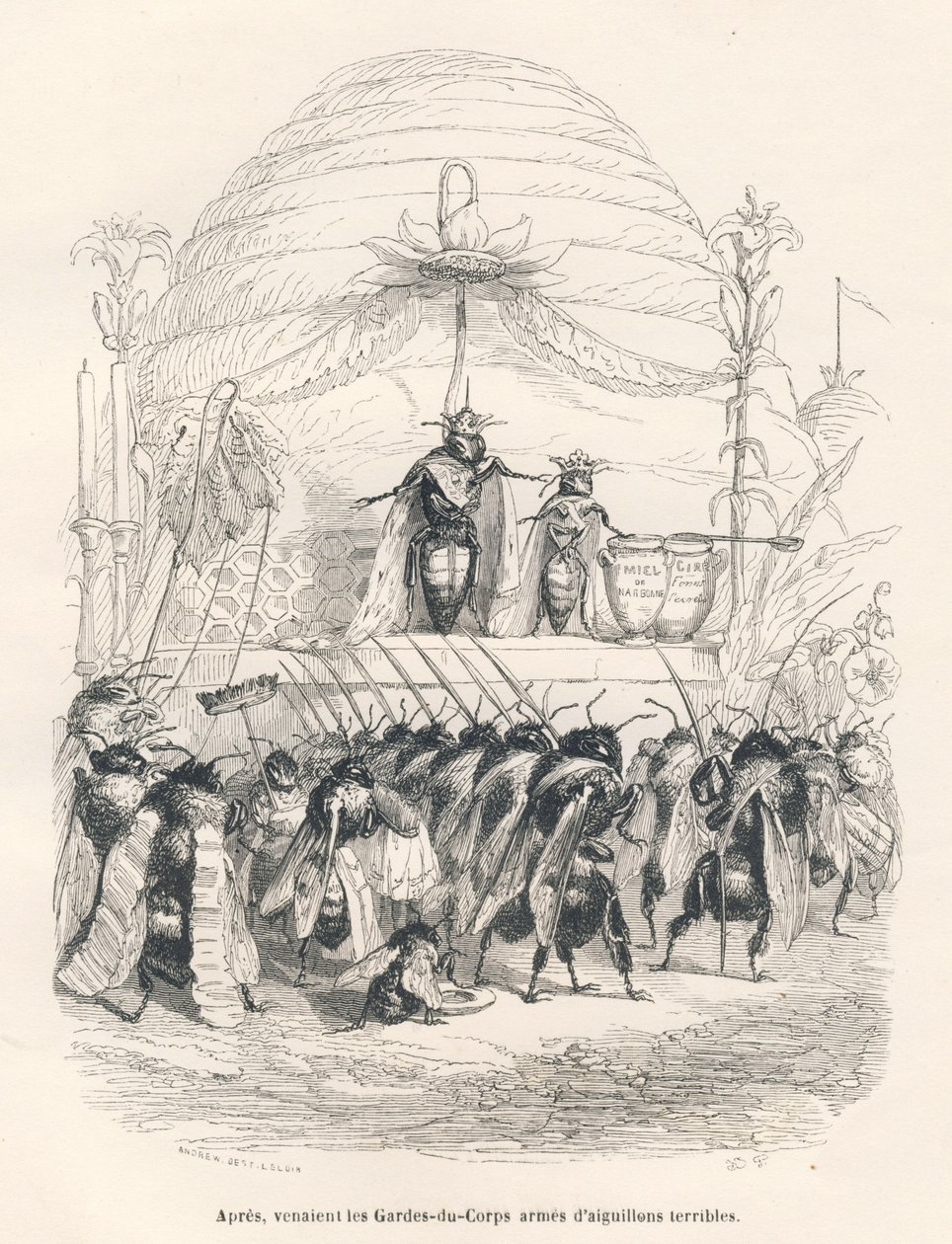 A abelha-mestra e o seu exército. Vinhetas ilustradas por JJ Granville. Gravura assinada por Andrew, Best e Leloir na parte intitulada "Voyage d