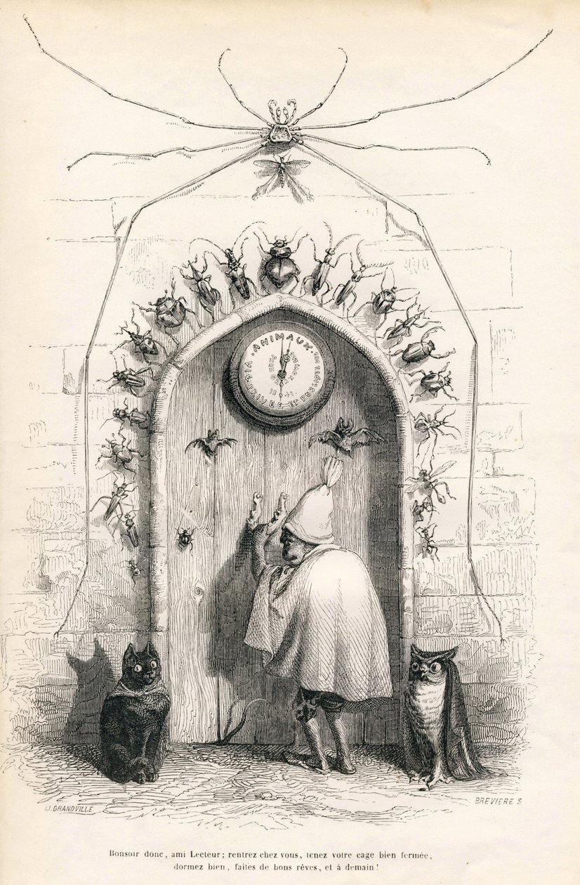 O adeus ao leitor no final do livro. Vinhetas ilustradas por JJ Granville. Gravura assinada Breviere "To the reader" escrita por PJ Stahl em "Scenes de la vie privee et publique des animaux". Paris, J. Hetzel e Paulin de Grandville