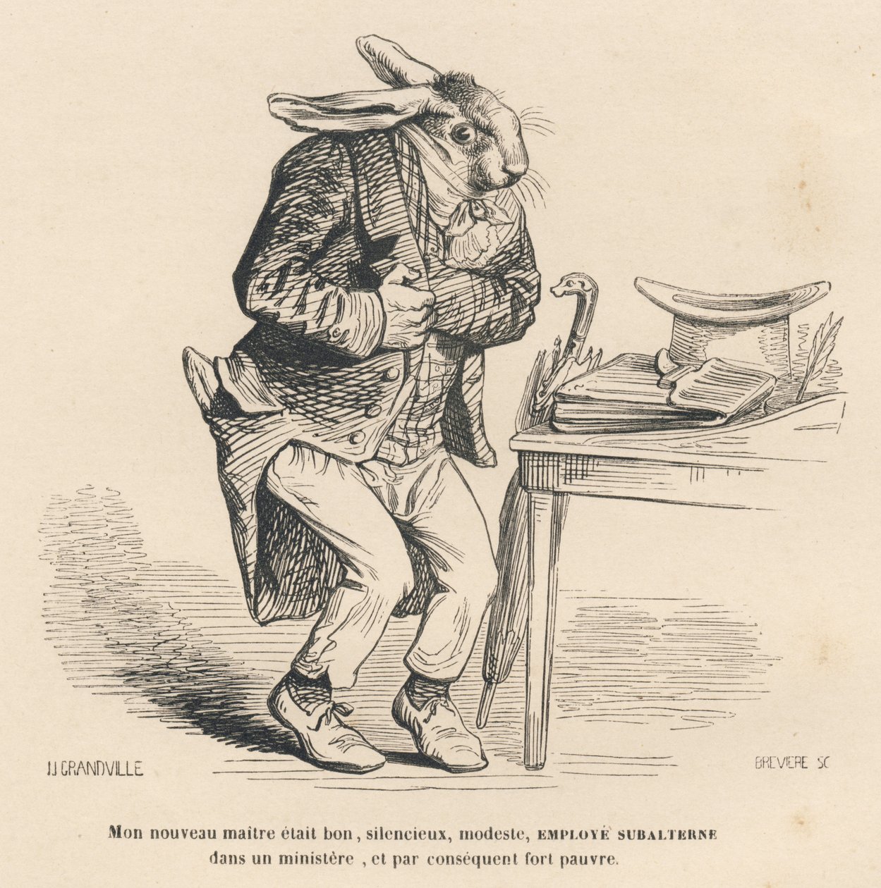 Coelho como um empregado júnior num ministério. Vinhetas ilustradas por JJ Granville. Gravura assinada Breviere na parte "Histoire d