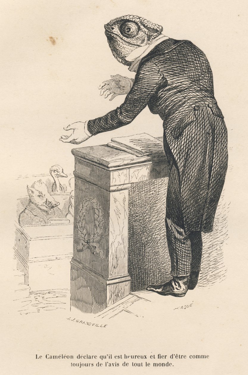 O cameleão declara que está feliz e orgulhoso de estar, como sempre, na opinião de todos. Vinhetas ilustradas por JJ Granville. Gravura assinada Caque no prólogo intitulado "Resumo Parlamentar" escrito por PJ Stahl em "Scenes de la vie privee et de Grandville