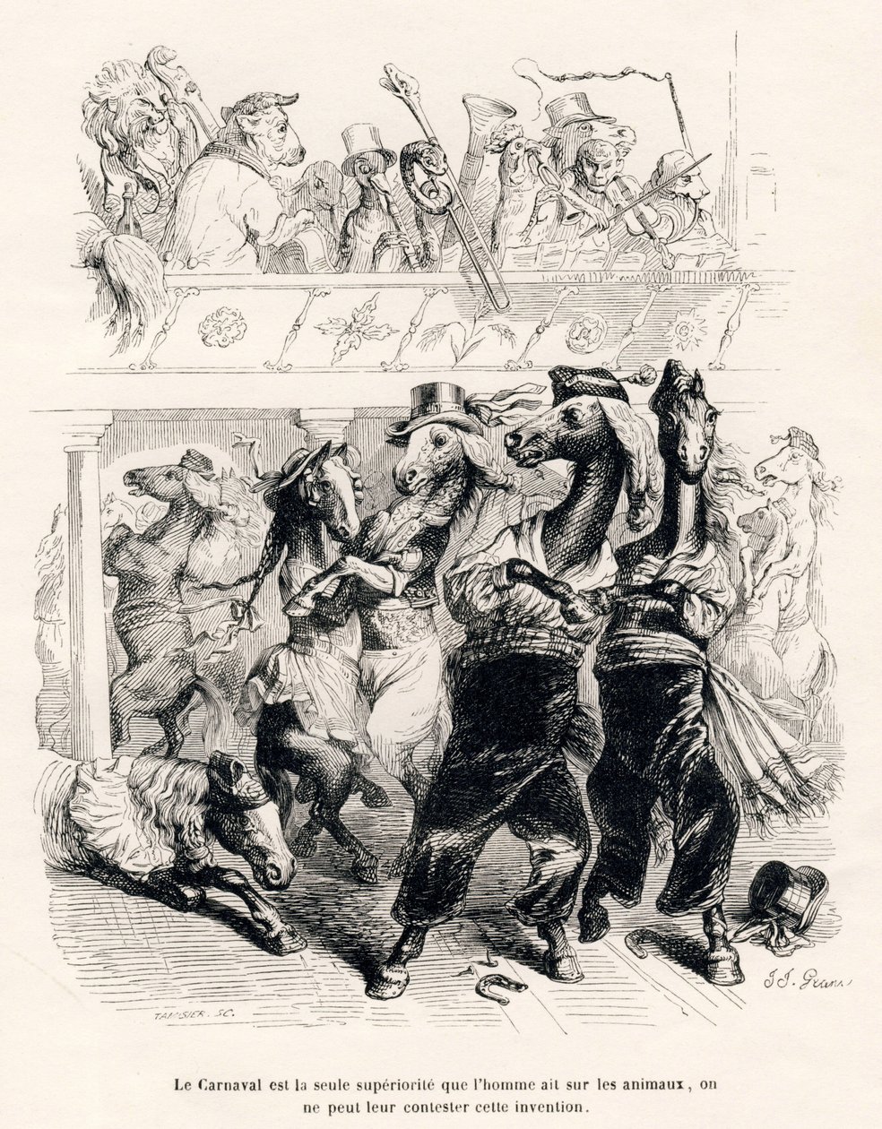 O carnaval dos cavalos. Vinhetas ilustradas por JJ Granville. Gravura assinada por Tamisier na parte intitulada "Voyage d