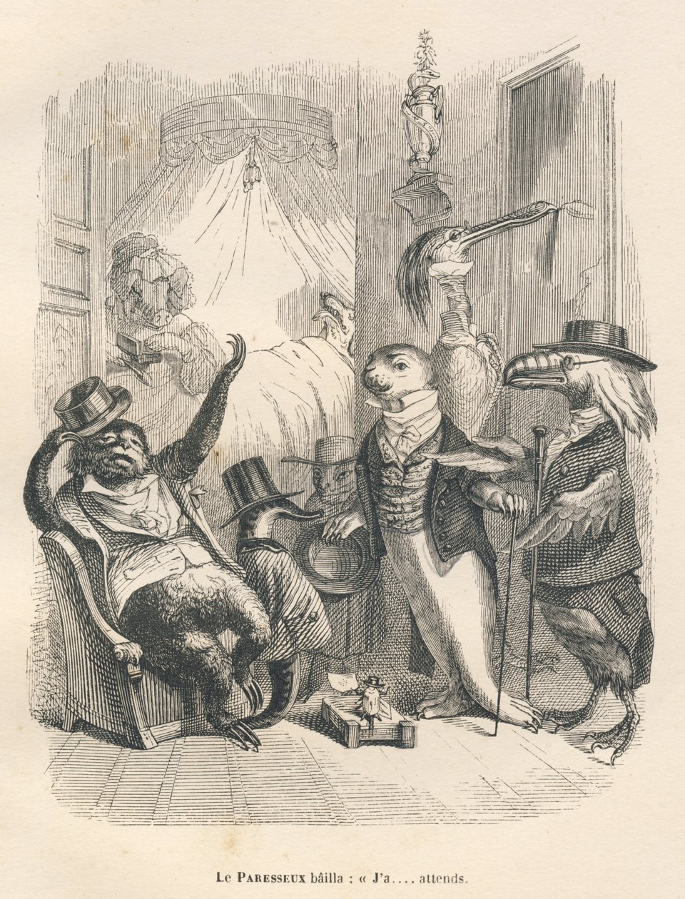 O preguiçoso bocejou que ele estava à espera. Vinhetas ilustradas por JJ Granville. Gravura assinada Godard na parte intitulada "Les animaux medecins" escrita por Pierre Bernard em "Scenes de la vie privee et publique des animaux". Paris, J. Hetzel e Pauli de Grandville