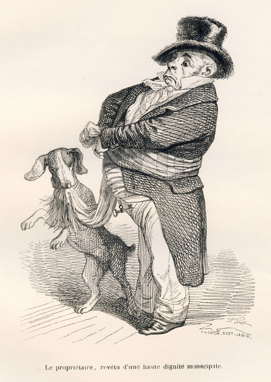 O proprietário, revelando uma alta dignidade municipal. Vinhetas ilustradas por JJ Granville. Gravura assinada por Andrew, Best e Leloir na parte intitulada "Un renard pris au piege", escrita por Charles Nodier em "Scenes de la vie privee et publique des a de Grandville
