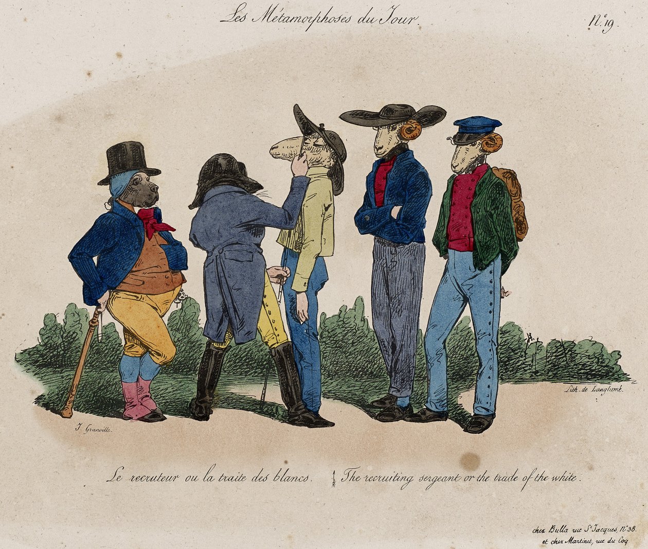 Les Metamorphoses du Jour, No. 19 (litho colorido à mão) de Grandville
