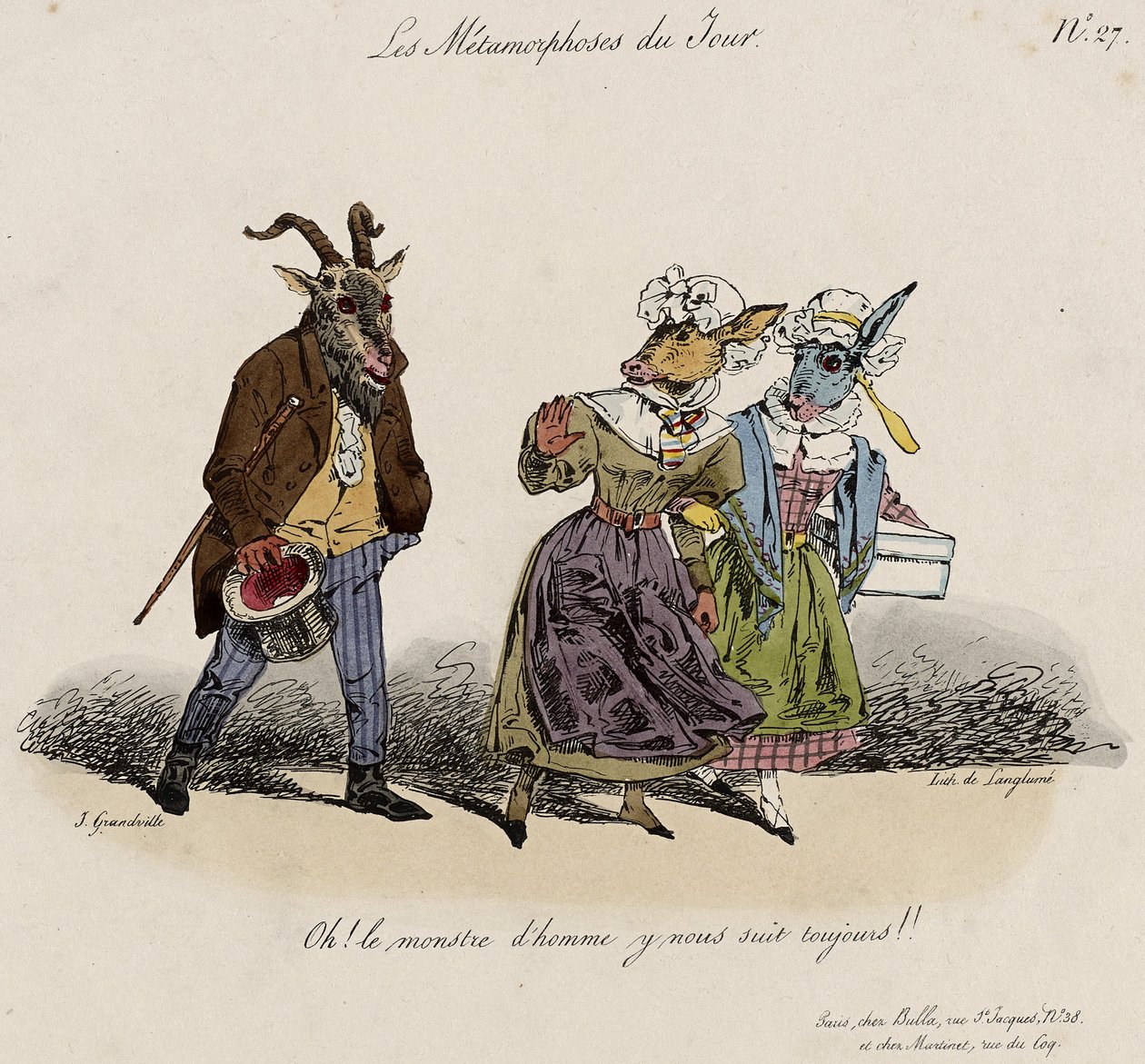 Les Metamorphoses du Jour, No. 27 (litho colorido à mão) de Grandville