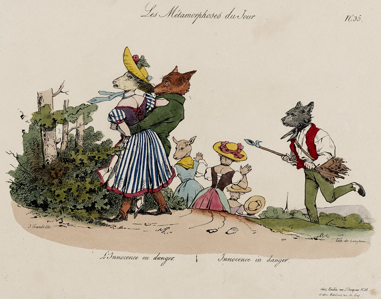 Les Metamorphoses du Jour, No. 35 (litho colorido à mão) de Grandville