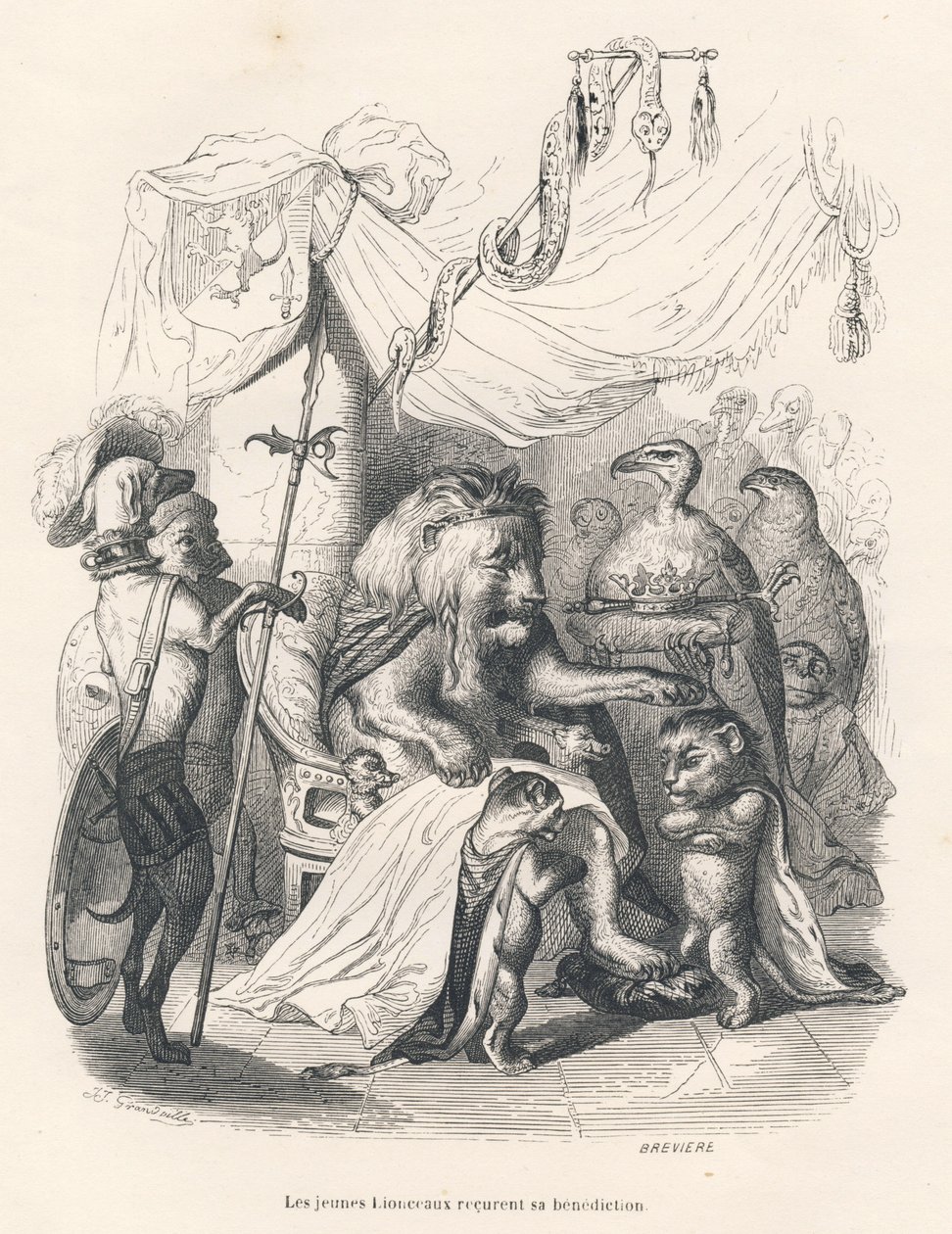 Os filhotes de leão recebem a bênção do rei leão. Vinhetas ilustradas por JJ Granville. Gravura assinada por Breviere na parte intitulada "Voyage d