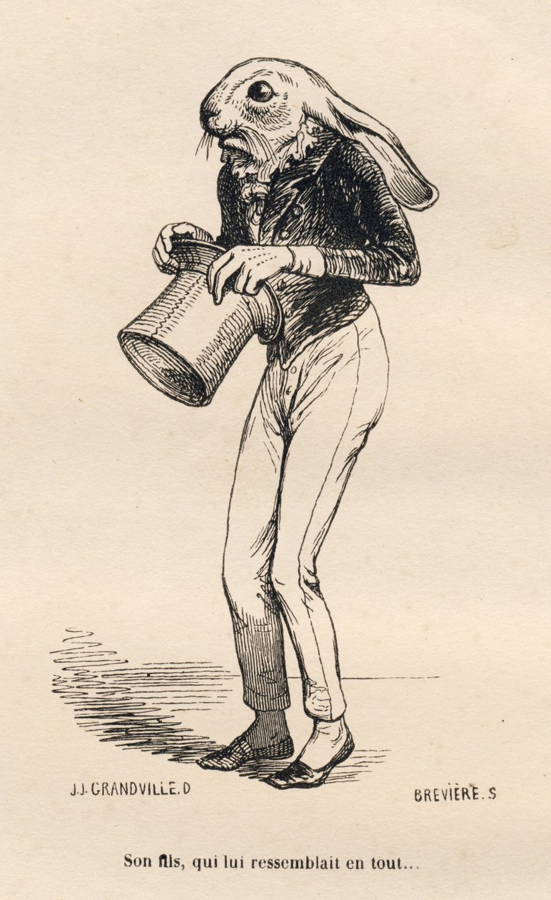 Lebre medrosa em trajes de dança. Vinhetas ilustradas por JJ Granville. Gravura assinada Breviere na parte "Histoire d
