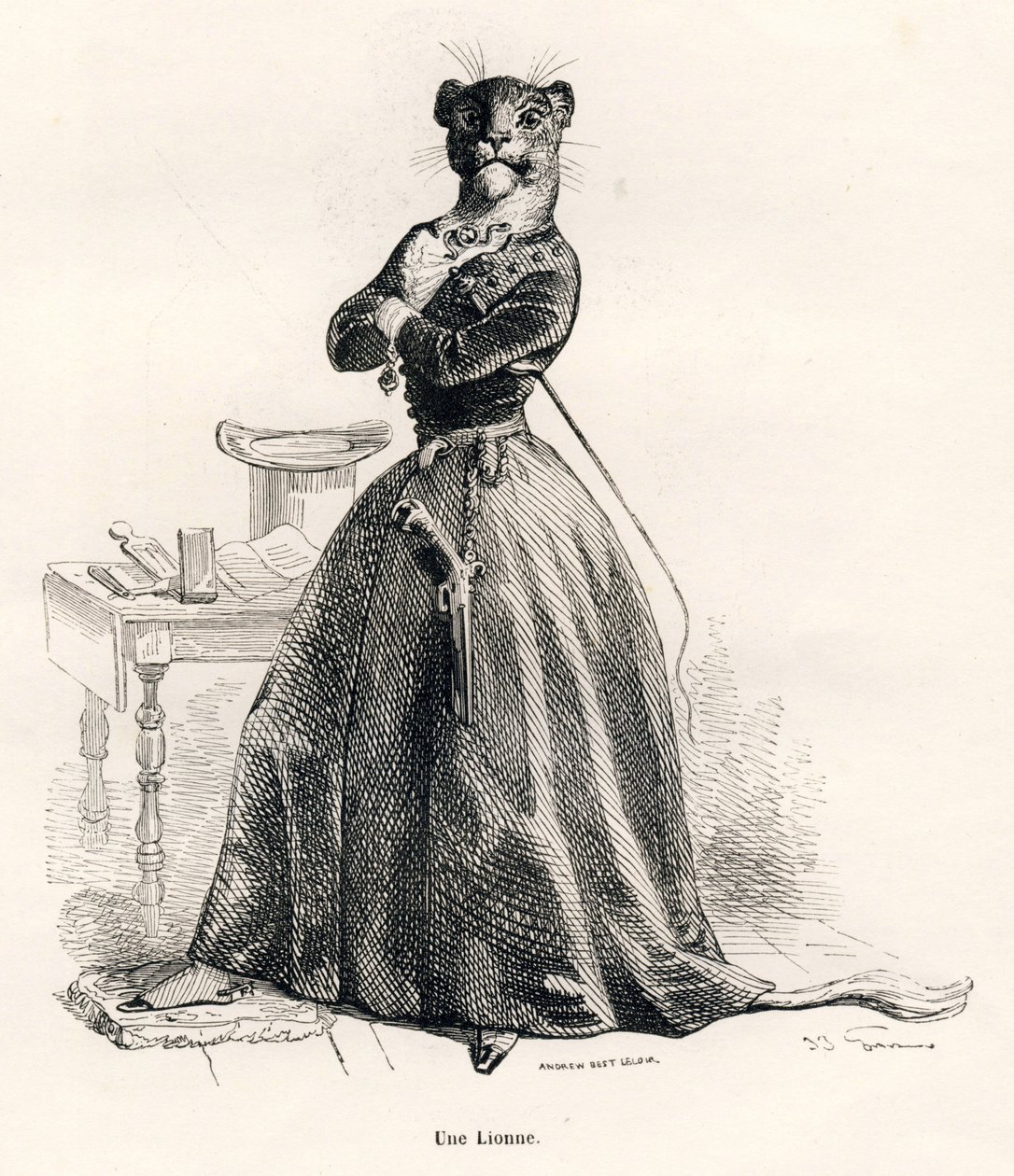 Lioness com uma arma e um chicote. Vinhetas ilustradas por JJ Granville. Gravura assinada por Andrew, Best e Leloir na parte intitulada "Voyage d