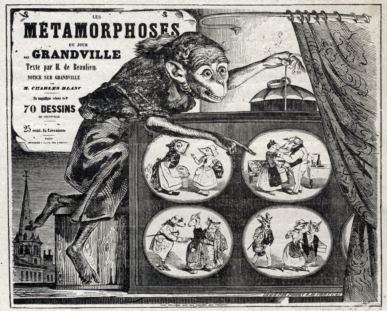 Literatura. A Metamorfose Diária, do caricaturista Jean Jacques Grandville. Cartaz, França de Grandville