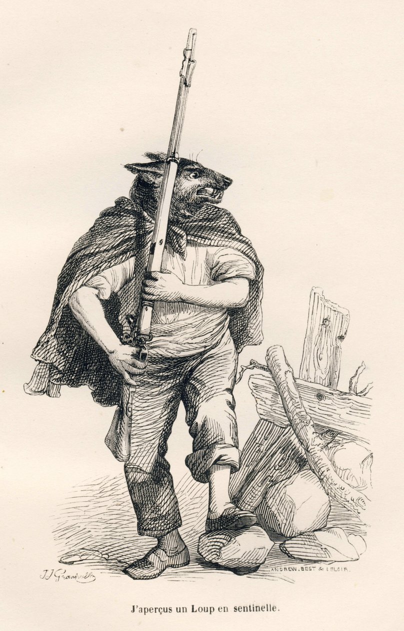 Lobo como sentinela. Vinhetas ilustradas por JJ Granville. Gravura assinada por Andrew, Best e Leloir na parte intitulada "Voyage d