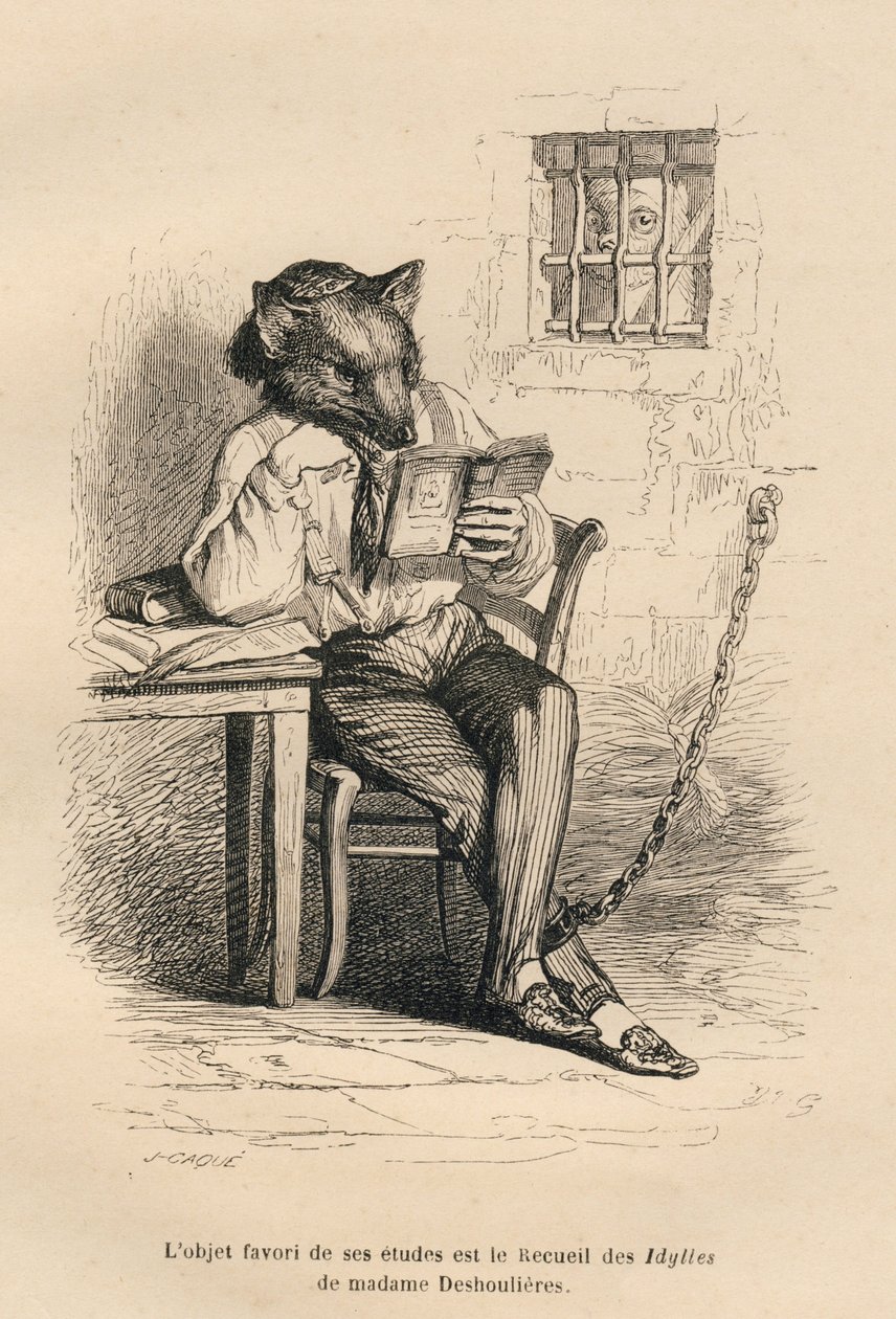 Leitura do lobo numa prisão. Vinhetas ilustradas por JJ Granville. Gravura assinada Caque na parte intitulada "Cour criminelle de justice animale" escrita por Emile de La Bedolliere em "Scenes de la vie privee et publique des animaux". Paris, J. Hetzel de Grandville