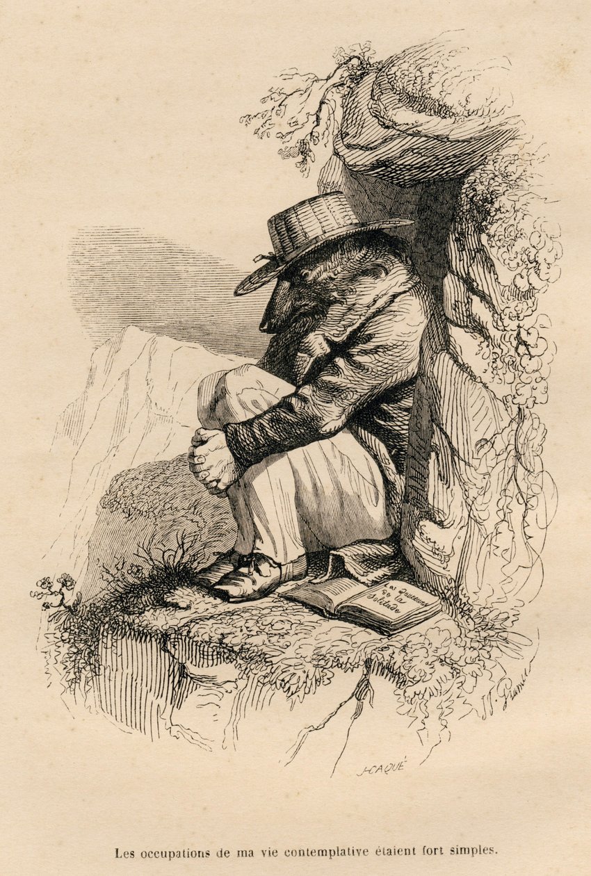Loup retranche dans sa solitude contemplative. Vinhetas ilustradas por JJ Granville. Gravura assinada Caque na parte intitulada "L