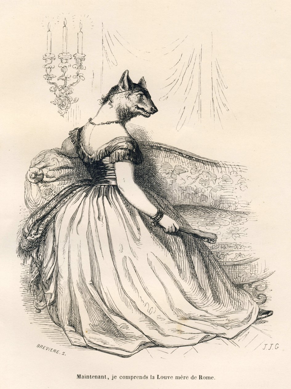 Ela-lobo, sentada numa poltrona. Vinhetas ilustradas por JJ Granville. Gravura assinada Breviere na parte intitulada "Voyage d