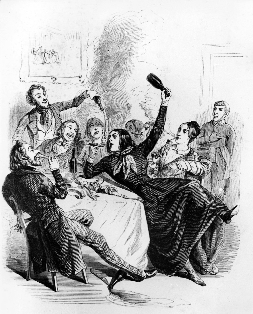 Almoço de rapazes dos 2 sexos: homens e mulheres a beber álcool e a fumar, desenho de Jean Ignace Isidore aka JJ Grandville de Grandville (1803 47)