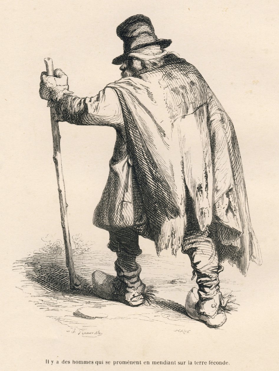 Mendigo. Vinhetas ilustradas por JJ Granville. Gravura assinada Caque na parte "Histoire d