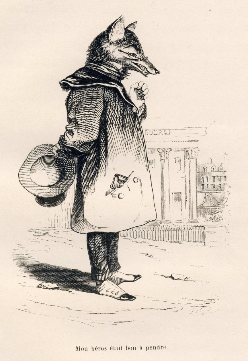 O meu herói era bom de levar. Vinhetas ilustradas por JJ Granville. Gravura assinada Godard na parte intitulada "Un renard pris au piege", escrita por Charles Nodier em "Scenes de la vie privee et publique des animaux". Paris, J. Hetzel e Paulin de Grandville