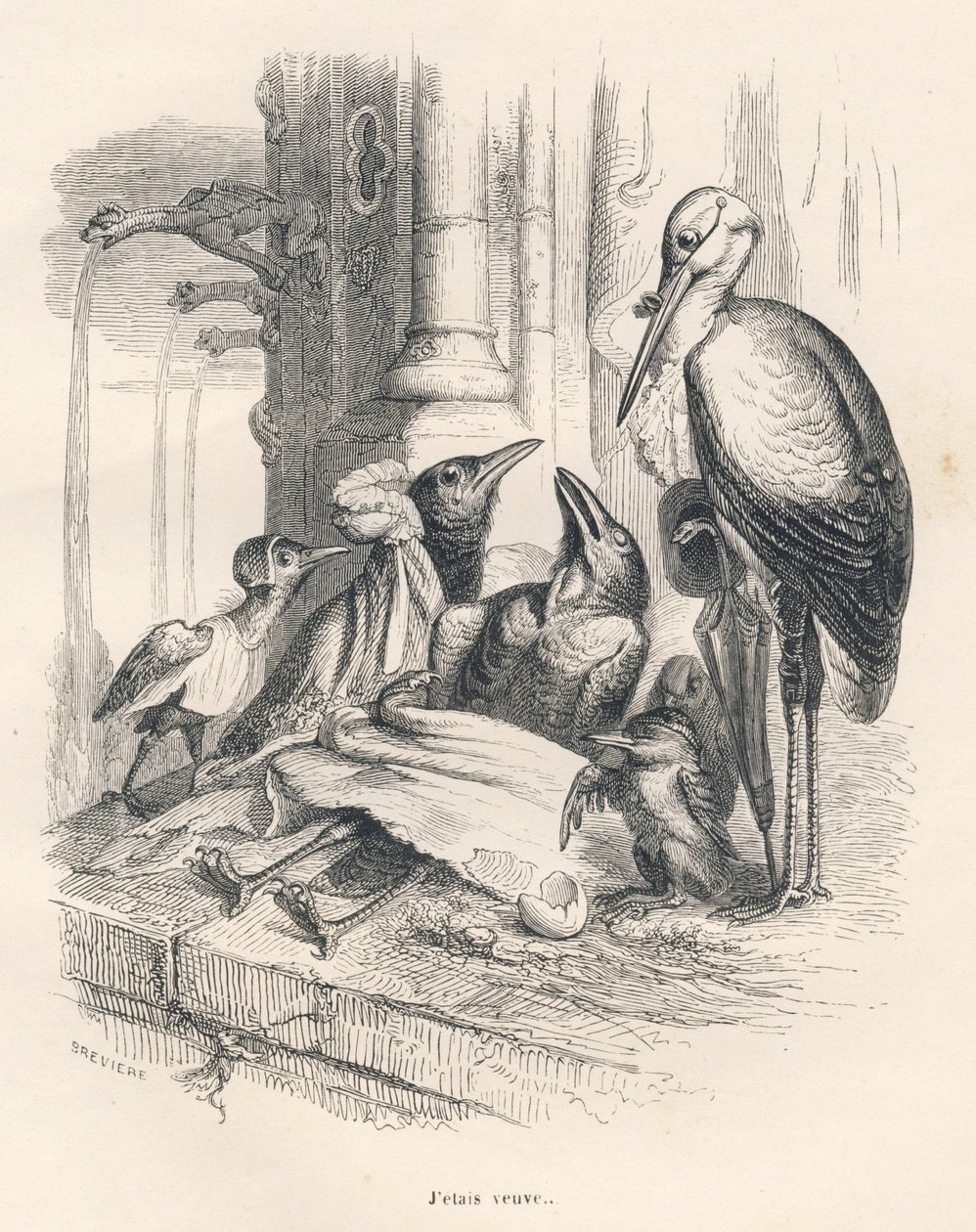 Morte de um corvo com a sua família e uma cegonha. Vinhetas ilustradas por JJ Granville. Gravura assinada Breviere na parte intitulada "Souvenirs d
