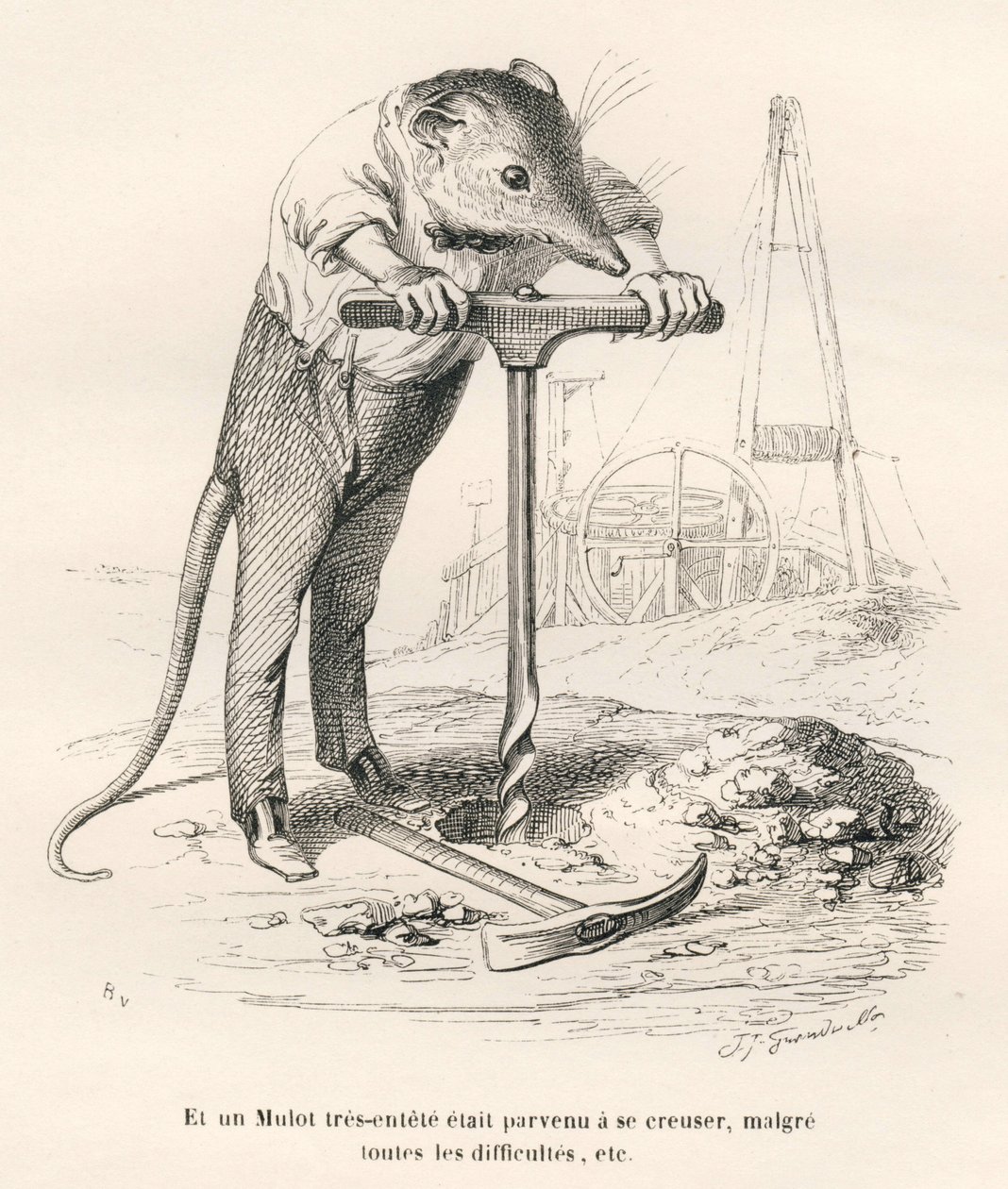 Mulot perfurando o solo. Vinhetas ilustradas por JJ Granville. Gravura assinada Breviere na parte intitulada "Souvenirs d