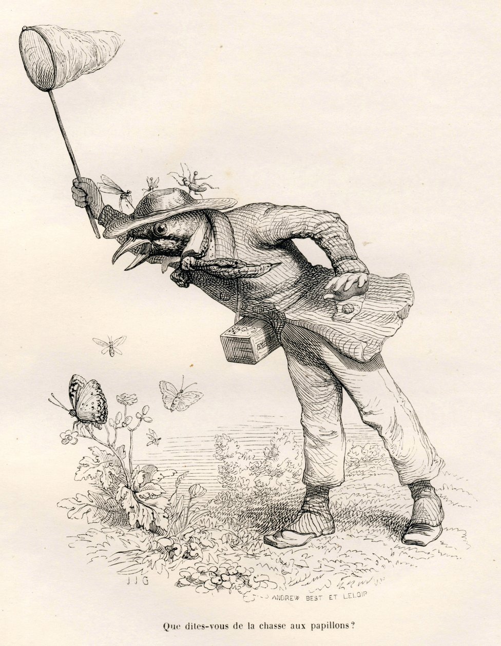 Pássaros a perseguir borboletas. Vinhetas ilustradas por JJ Granville. Gravura assinada por Andrew, Best e Leloir na parte intitulada "Un renard pris au piege", escrita por Charles Nodier em "Scenes de la vie privee et publique des animaux". Paris, J. Hetz de Grandville
