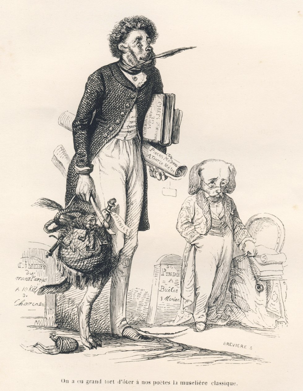 Foi um grande erro tirar o açaime clássico dos nossos poetas. Vinhetas ilustradas por JJ Granville. Gravura assinada por Breviere na parte intitulada "Le premier feuilleton de Pistolet" escrita por Jules Janin em "Scenes de la vie privee et publique des an de Grandville