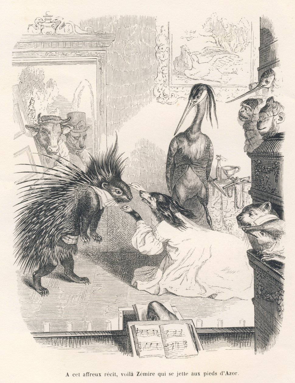 Ópera com um porco-espinho, um cão e uma garça no palco. Vinhetas ilustradas por JJ Granville. Gravura assinada Godard na parte intitulada "Le premier feuilleton de Pistolet" escrita por Jules Janin em "Scenes de la vie privee et publique des animaux". de Grandville